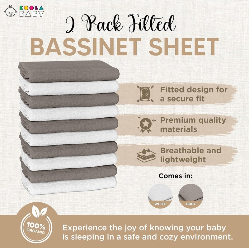 KoolerThings Bassinet Fitted Sheets - Compatible with Amke, Ronbei, Pamobabe, and Nordmiex | 100% Organic Muslin Cotton - White + Grey | 32x19 (2 Pack) - Image 3